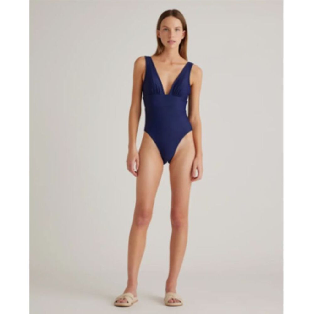 Quince Italian Plunge One Piece Swimsuit X Small Navy NWT